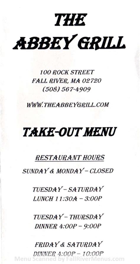 Permanently Closed The Abbey Grill Fall River Menus