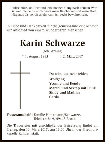 Traueranzeigen Von Karin Schwarze Trauer Kreiszeitung De