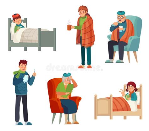 Sick People. Kids, Adult and Old Persons with Flu and Cold Stock Vector ...