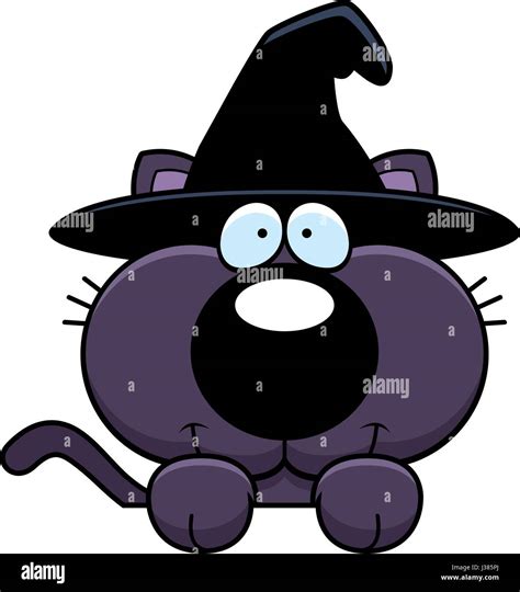 A Cartoon Illustration Of A Cat In A Witch Hat Peeking Over An Object