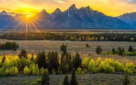 Góry Stany Zjednoczone Park Narodowy Grand Teton Promienie słońca