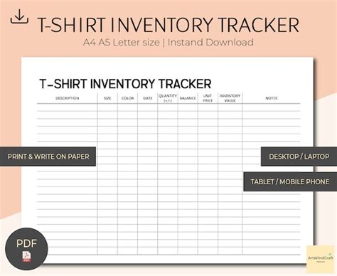 T Shirt Inventory Tracker Printable Inventory Template Etsy