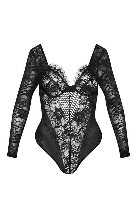 Black Lace Panel Mesh Long Sleeve Bodysuit Prettylittlething Usa