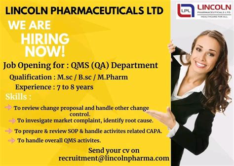 Lincoln Pharmaceuticals Ltd Job Vacancy For MSc BSc M Pharm