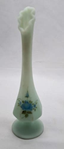 Vintage Fenton Hand Painted Blue Satin Custard Glass Signed Rose Swung Bud Vase Ebay