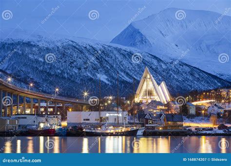 View On Tromso Bridge And Arctic Cathedral At Polar Night, Tromso ...