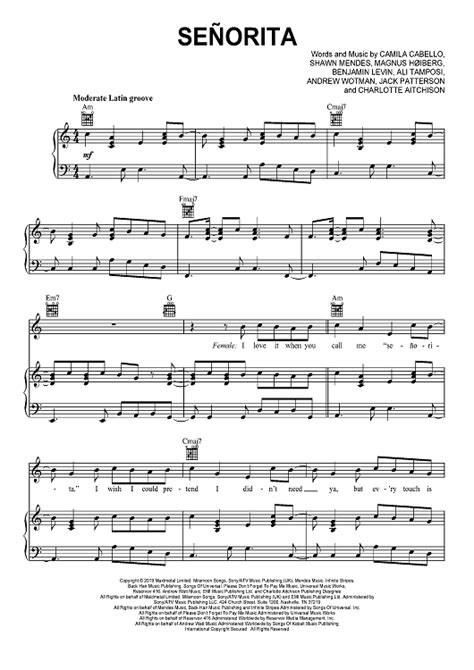 Señorita Sheet Music By Shawn Mendes Camila Cabello For Piano Vocal