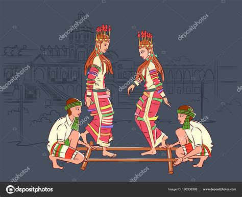 Couple performing Cheraw folk dance of Mizoram, India Stock Vector ...