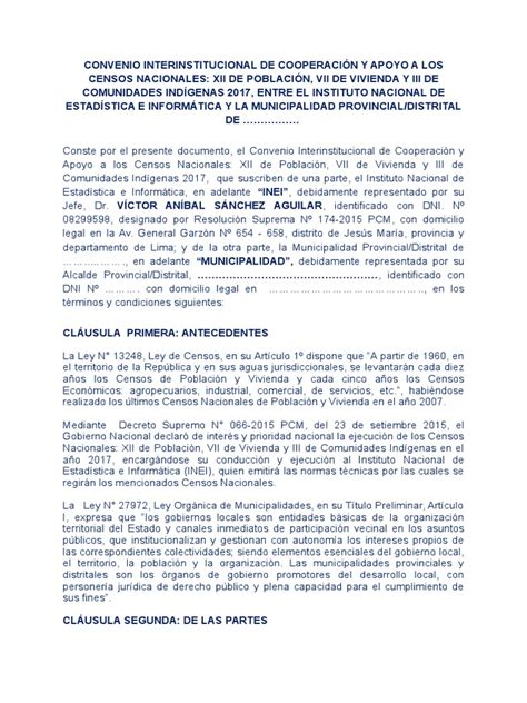 Modelo De Convenio Interinstitucional Inei Y Municipalidad Pdf