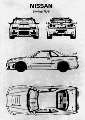 The Nissan Skyline R Blueprint Is Shown In Black And White With