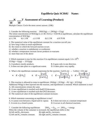 Quiz Equilibrium Quiz Grade 12 Chemistry Equilibria Quiz With Answers