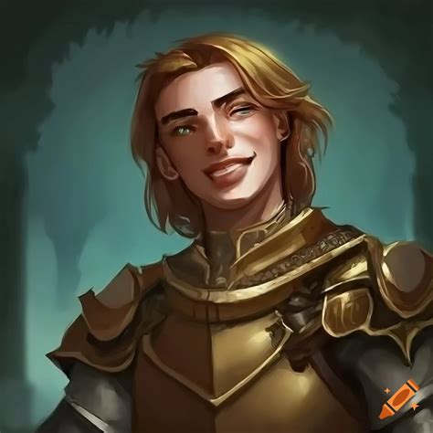 Portrait Of A Smiling Male Half Elf Paladin In Elegant Golden Armor On