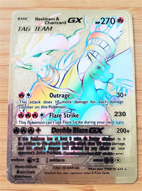 Mavin Pokemon Gold Foil Card Rainbow Reshiram And Charizard Gx Tag Team