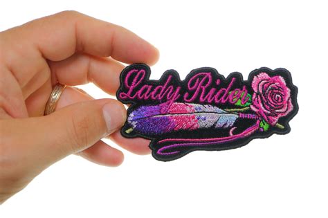 Lady Rider Pink Rose And Feathers Horizontal Small Patch Embroidered Patches By Ivamis Patches