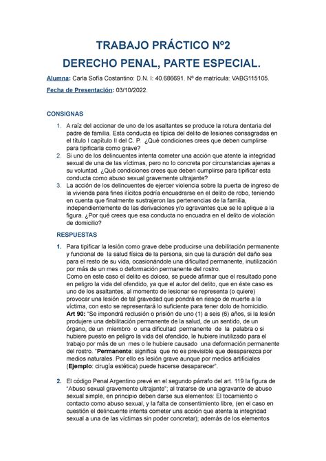 Tp Derecho Penal Parte Especial Trabajo Pr Ctico N Derecho Penal