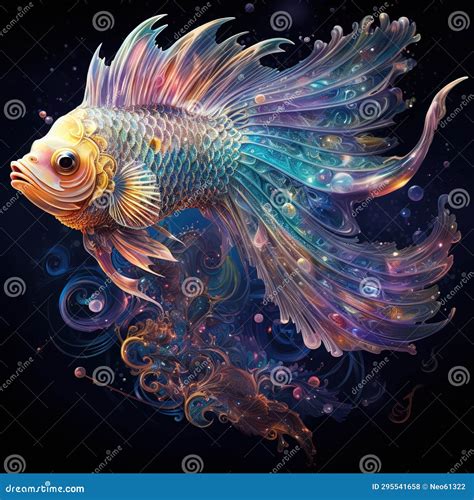 Surreal Betta Fish Painting On Black Background Mythological