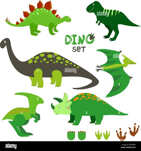 Cute Dinosaurs Set Collection Of Cartoon Dinosaurs And Prints Vector