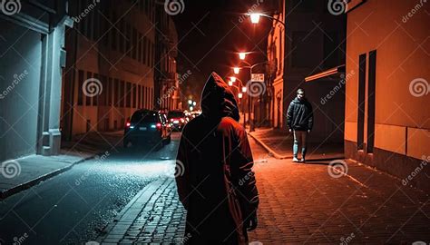 Robber In Hood Watches Woman Silhouette Walking Alone Dark Street Suspicious Man Hunts For