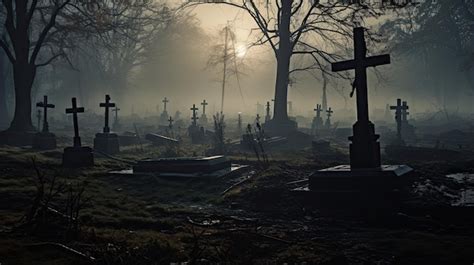 Premium Photo Foggy Cemetery With Tombstones And Crosses