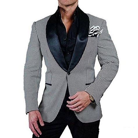 Fashion Houndstooth Groom Tuxedos Black Shawl Lapel Groomsmen Wedding Tuxedos Popular Men Formal