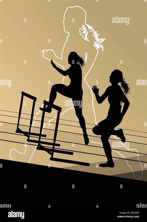 Active Women Girl Sport Athletics Hurdles Barrier Running Silhouettes