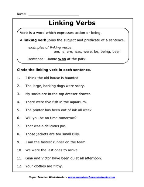 Verbs And Linking Verbs Worksheets