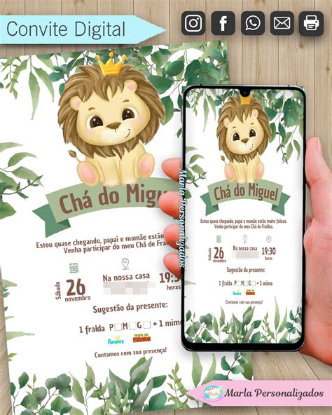 Convite Digital Chá de Fraldas Leãozinho Elo7