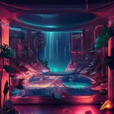 Futuristic Cozy Cyber Bedroom With Plants And A Waterfall Overlooking A