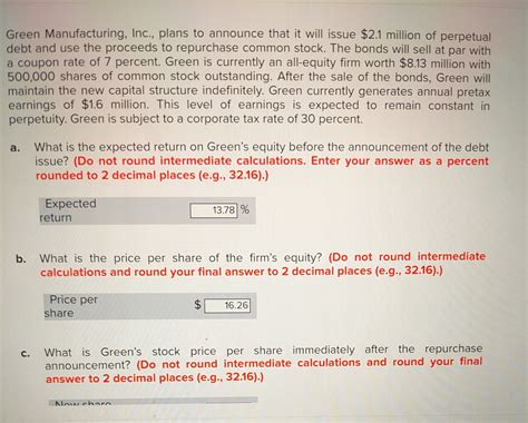 Solved Green Manufacturing Inc Plans To Announce That It Chegg