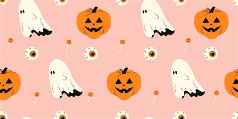 Cute Halloween Seamless Pattern With Haunted Pumpkin And Eyes On Pink