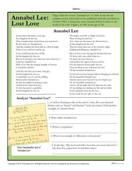 Edgar Allan Poe Reading Worksheet Annabel Lee Lost Love Worksheets Library