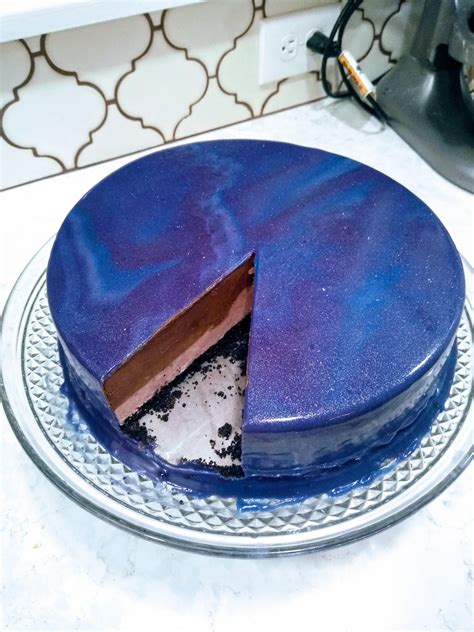 Homemade Chocolate And Strawberry Mousse Cake With A Galaxy Mirror Glaze W Edible Glitter R