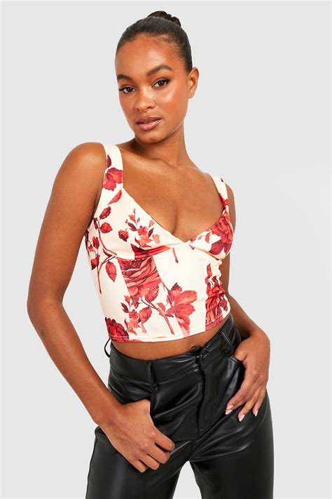 Tall Rose Print Corset Top Boohoo Uk