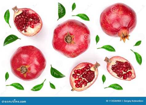 Pomegranate With Leaves Isolated On White Background Top View Stock
