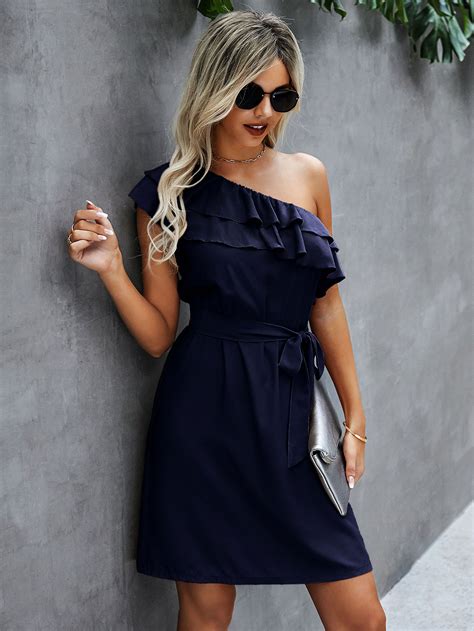 One Shoulder Layered Ruffle Trim Belted Dress SHEIN USA