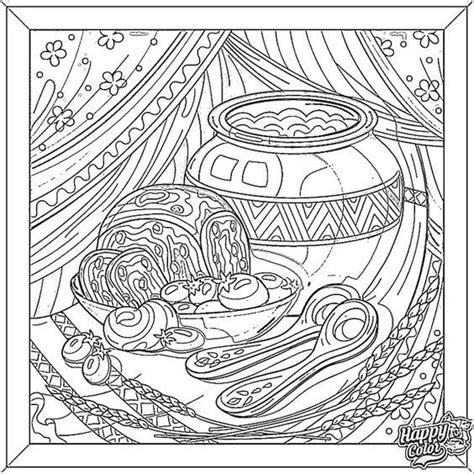 A Coloring Book Page With An Image Of A Pot Full Of Food And Other Items