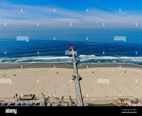 Aerial View Of Huntington Pier Beach And Coastline During Sunny Summer