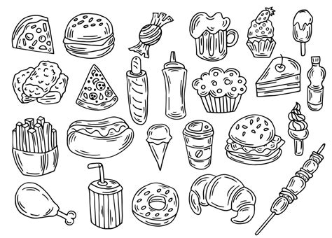 Hand Drawn Fast Food Doodle Vector Set Vector Illustration 18928336 Vector Art At Vecteezy