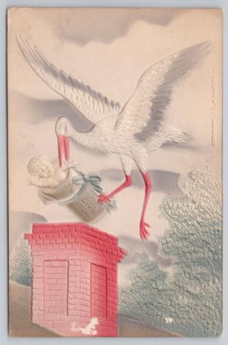 Postcard Stork Delivering Baby Down Chimney Vintage Pm Embossed