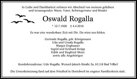 Traueranzeigen Von Oswald Rogalla Trauer In NRW De