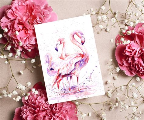 Pink Flamingo Greeting Card With Multiple Flamingos Watercolor Card