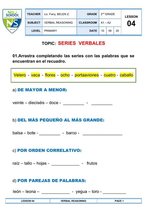 Ejercicio Online De Series Verbales Razonamiento Verbal Verbal