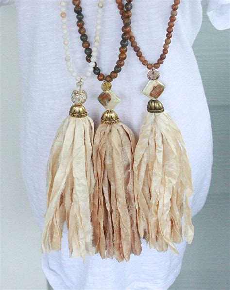 Long Silk Tassel Necklace Sari Silk Tassel Tans Off White Etsy Silk Tassel Necklace Tassel