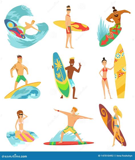 Surfboarders Riding On Waves Set Surfer Men With Surfboards In