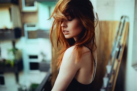 Redhead Closed Eyes Black Tops Windy Long Hair Model Open Mouth Depth Of Field Hair In