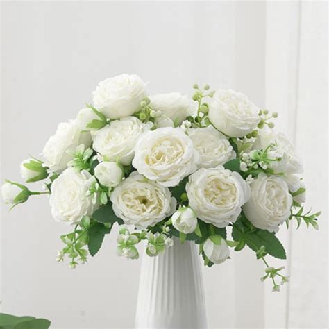 JUSTOYOU Lot de 4 bouquets de pivoines artificielles avec 20 têtes de