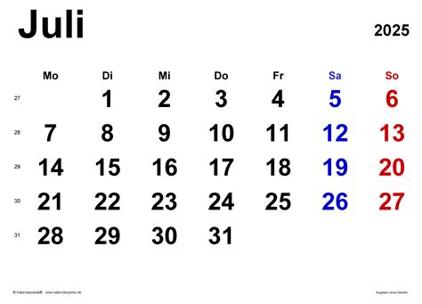 Der Juli Kalender 2025 Ein Leitfaden Für Planung Und Organisation