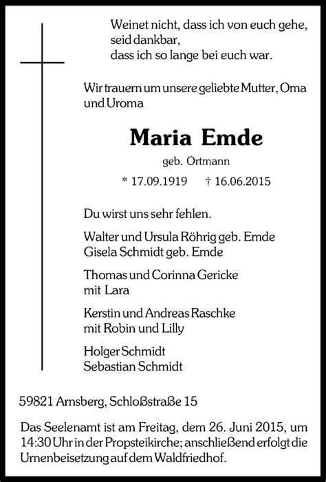 Traueranzeigen Von Maria Emde Trauer In Nrw De