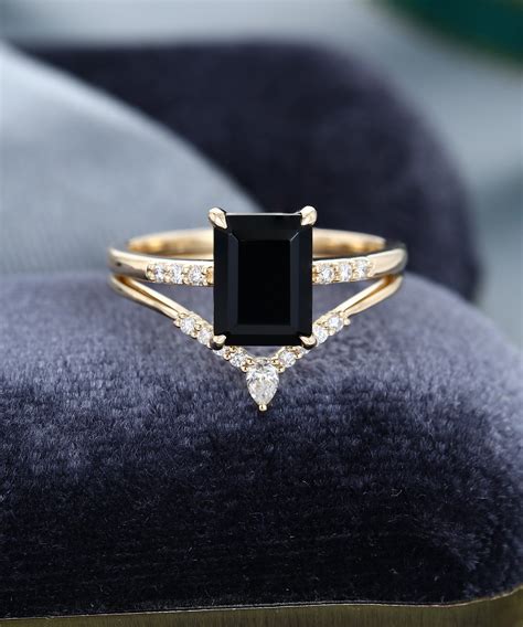 Emerald Cut Black Onyx Engagement Ring Set Moissanitediamond Etsy