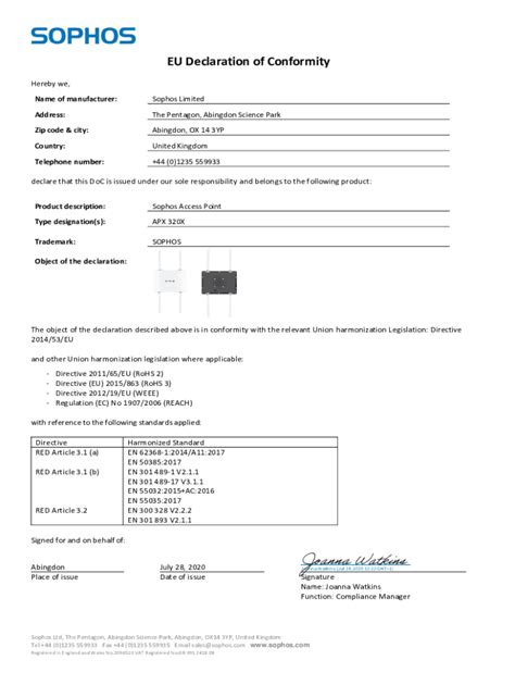 Fillable Online Eu Declaration Of Conformity Sophos Fax Email Print